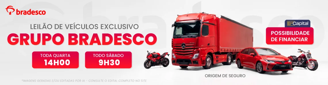 Leilão de veículos exclusivo Grupo Bradesco. Toda quarta às 14h e todo sábado às 9h30. Possibilidade de financiar.